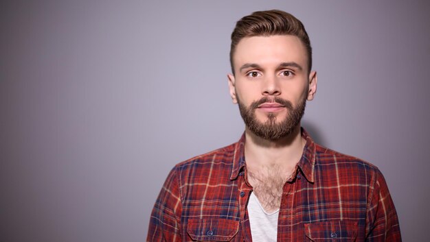 Retrato de un hermoso hombre barbudo sonriente con una camisa a cuadros roja sobre un fondo gris