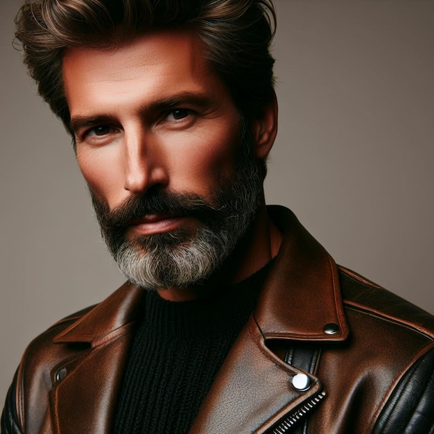 retrato de un hermoso hombre de cuero con barba