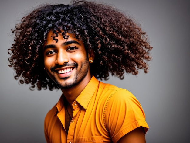 Retrato de un hermoso hombre indio alegre con el pelo rizado volador sonriendo riendo en un fondo oscuro