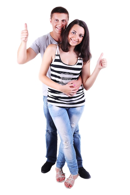 Foto retrato, de, un, hermoso, joven, feliz, sonriente, pareja, pulgar arriba