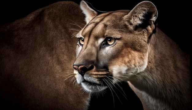 Retrato de hermoso león de montaña Puma Cougar aislado en el fondo negro Ai generativo