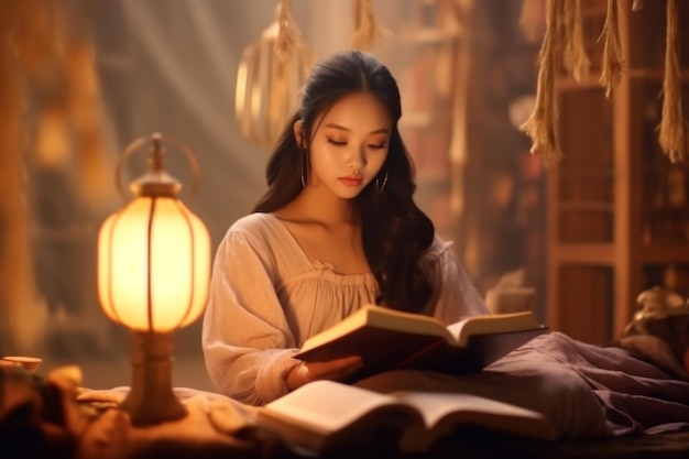 Retrato de un hermoso libro de lectura de mujer joven