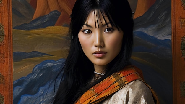 retrato, de, un, hermoso, mujer asiática, con, largo, pelo negro