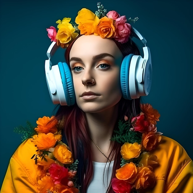 retrato, de, un, hermoso, mujer joven, con, auriculares, y, flores, belleza