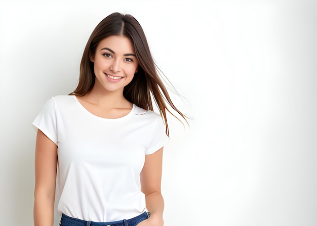 Foto retrato, de, un, hermoso, mujer joven, en, un, blanco, camiseta