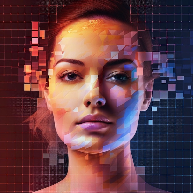 retrato, de, hermoso, mujer joven, con, futurista, plano de fondo, 3d, interpretación