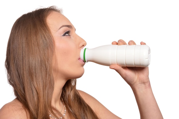 retrato, de, un, hermoso, mujer joven, con, leche