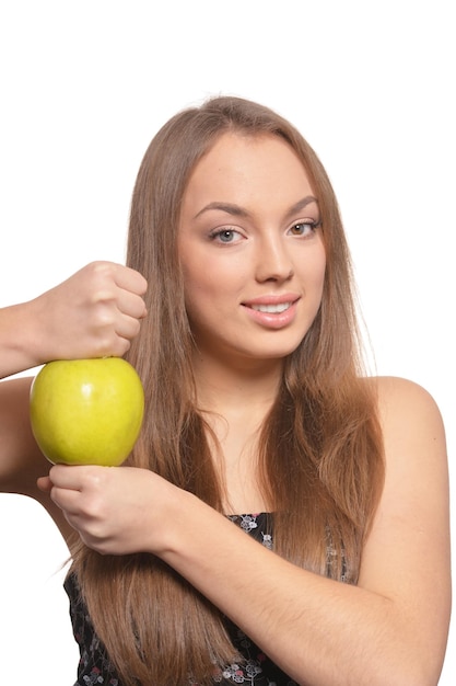 retrato, de, hermoso, mujer joven, con, manzana verde