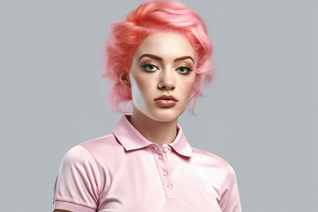 retrato, de, hermoso, mujer joven, con, pelo rosa, en, gris, plano de fondo