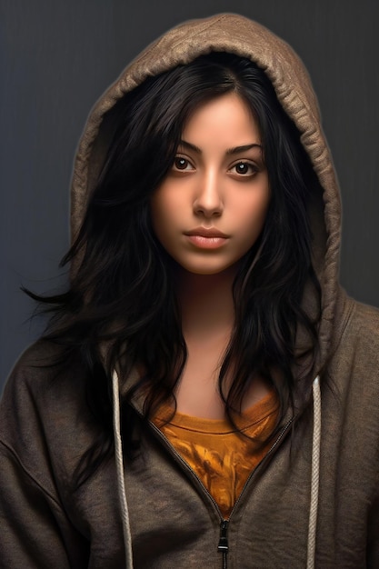 retrato, de, un, hermoso, mujer joven, en, un, sudadera con capucha