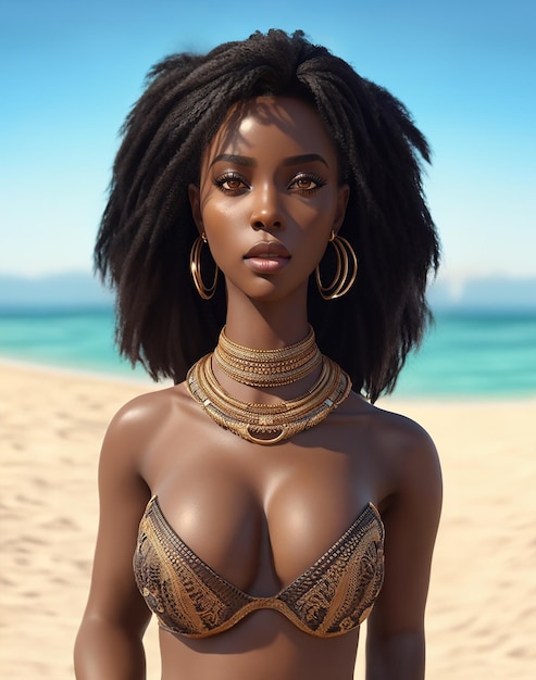 retrato, de, un, hermoso, mujer negra, con, ojos marrones, en, un, playa