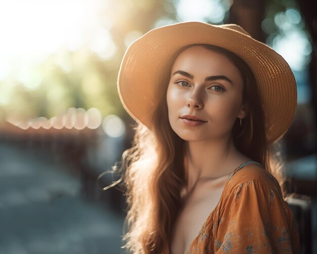 retrato, de, un, hermoso, niña, en, un, sombrero de paja, horario de verano