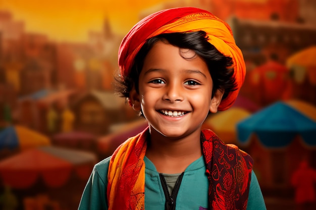 Retrato de un hermoso niño indio en un fondo de colores Un niño feliz una infancia alegre