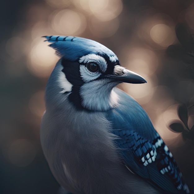 Retrato de un hermoso pájaro Blue Jay enfoque selectivo Fondo de luces Bokeh