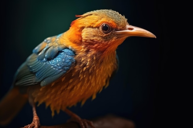 Retrato de hermoso pájaro colorido en fotografía macro de primer plano sobre fondo oscuro IA generativa