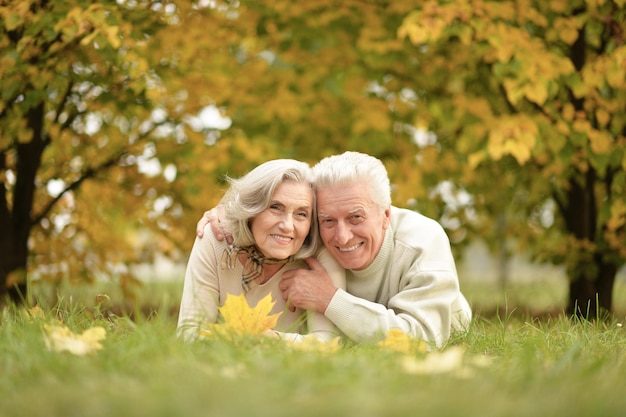 retrato, de, hermoso, pareja mayor, acostado, en, pasto o césped