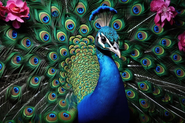 Foto retrato de un hermoso pavo real con las plumas en primer plano retrato del hermoso pao real con las perlas en primer plano generado por ia