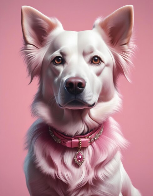 Foto retrato de un hermoso perro blanco con collar rosa sobre un fondo rosa