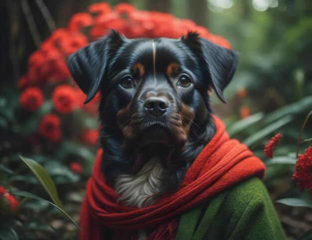 Retrato de un hermoso perro con una bufanda roja sobre un fondo de flores