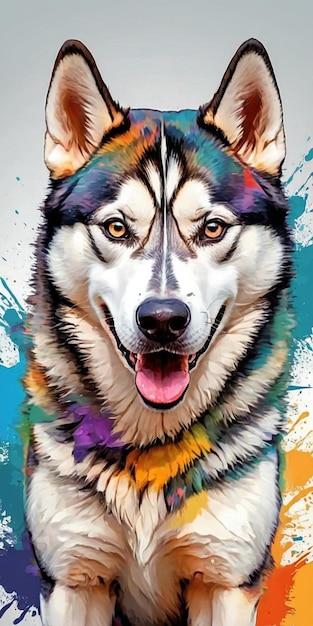 Retrato de un hermoso perro Husky siberiano con un colorido fondo abstracto