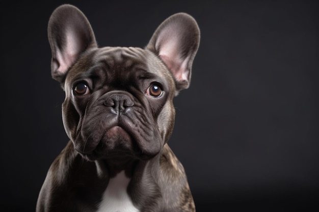 Retrato de hermoso perro de raza pura cachorro de bulldog francés posando mirando a la cámara aislada sobre fondo gris de estudio