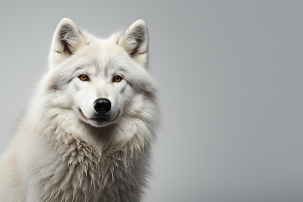 Retrato de un hermoso perro Samoyed blanco sobre un fondo gris