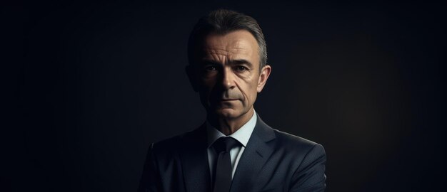 Un retrato hermoso y realista de un hombre de negocios de mediana edad con traje mientras está de pie con los brazos cruzados en un fondo oscuro