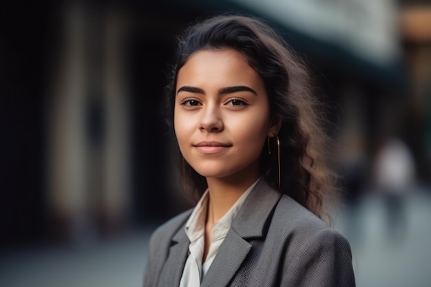 Retrato hermoso y realista de una joven exitosa mujer de negocios latinoamericana de pie al aire libre en la oficina corporativa