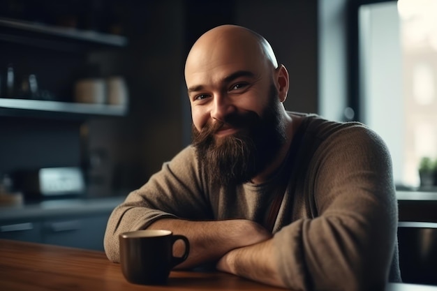 Retrato hermoso y realista joven feliz bebiendo café o té en la cocina en el interior del hogar hombre calvo barbudo de treinta años disfruta de la rutina matutina en el apartamento de la cocina