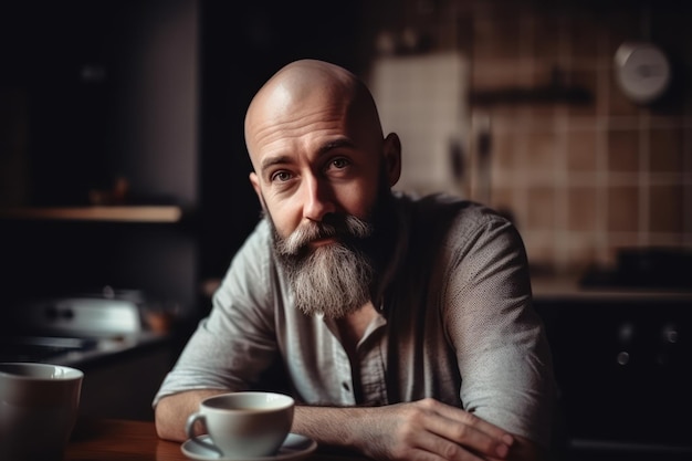 Retrato hermoso y realista joven feliz bebiendo café o té en la cocina en el interior del hogar hombre calvo barbudo de treinta años disfruta de la rutina matutina en el apartamento de la cocina