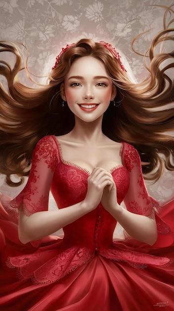 Retrato del hermoso rostro de una mujer joven sonriente con el pelo largo y marrón en un vestido rojo