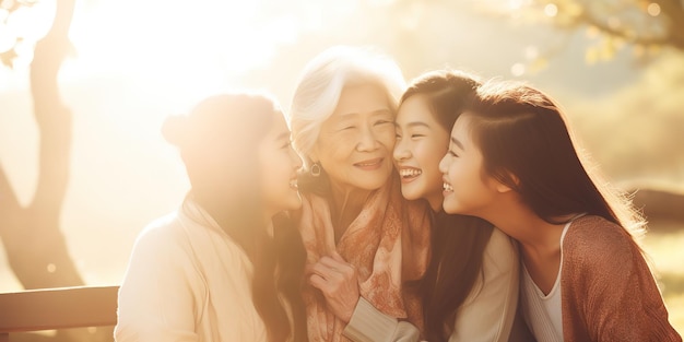 Retrato de hijas besando a la anciana madre anciana mujer adulta familia al aire libre en el parque natural