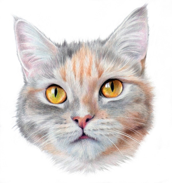 Retrato hiper-realista de um gato com olhos amarelos. Isolado em um fundo branco.