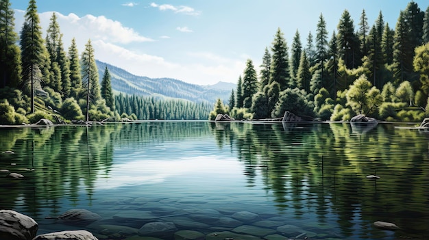 Retrato hiper-realista de um lago sereno cercado por uma floresta