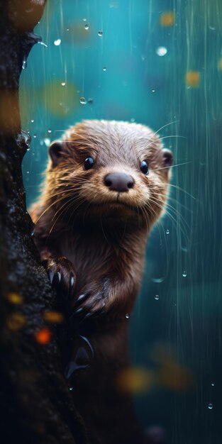 Retrato hiperrealista de lontra, um vislumbre através das gotas de chuva
