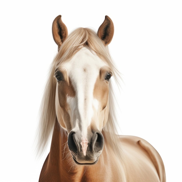 Retrato hiperrealista de um cavalo branco e castanho em fundo branco