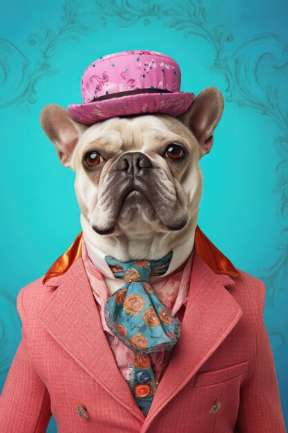 Foto retrato hiperrealista de un funky de estilo antropomórfico el bulldog francés vistiendo alta costura