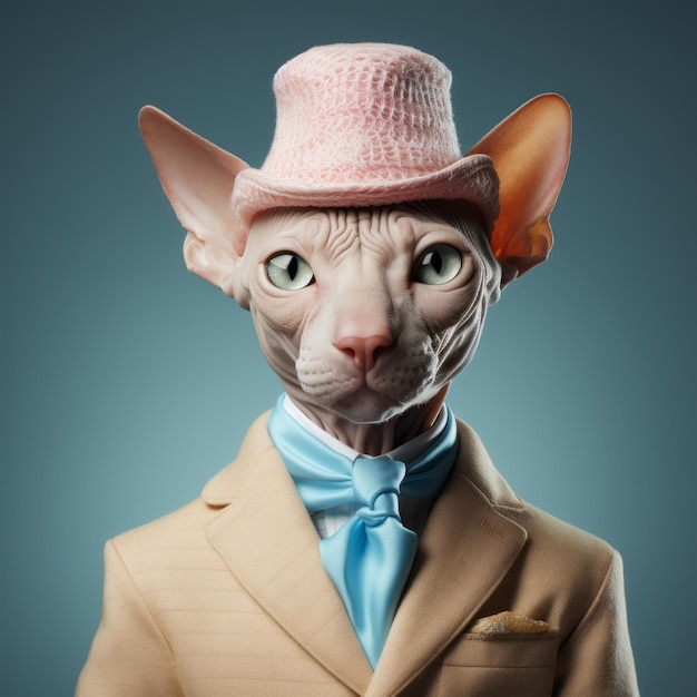 Retrato hiperrealista del gato Sphyter con traje azul y sombrero rosa