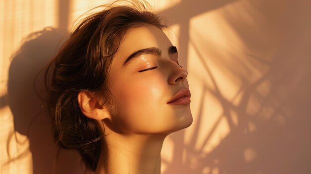 Retrato hiperrealista de una mujer joven bajo la luz del sol dorado