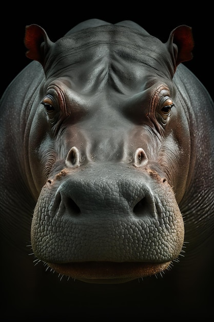 Foto retrato de un hipopótamo sobre un fondo negro ia generativa