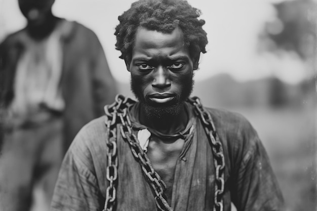 Un retrato histórico de un esclavo negro africano con cadenas de metal