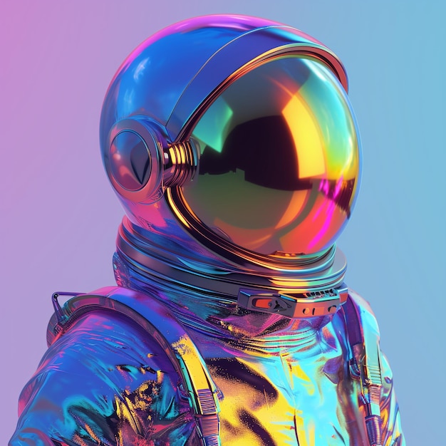 Retrato holográfico de astronauta exhibido en tonos vívidos contra un fondo gradiente IA generativa