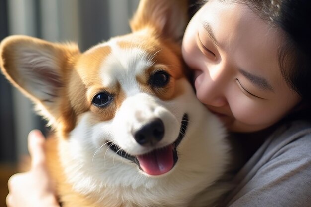 Foto retrato de un hombre abrazando a un lindo perro corgi concepto de mascota