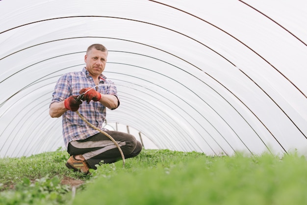 Retrato de un hombre adulto en un invernadero, regando las plantas de la manguera