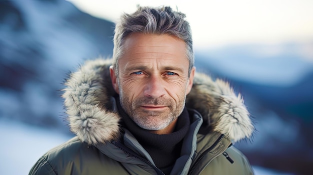 Foto retrato de un hombre adulto con un paisaje de invierno en el fondo