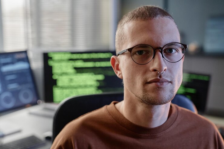 Foto retrato de un hombre adulto programador de ti con gafas y septo posando en la oficina