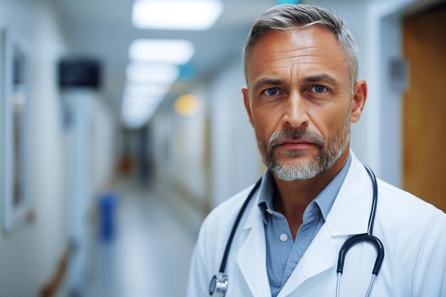retrato de un hombre adulto seriamente preocupado cirujano médico en el pasillo de la clínica del hospital