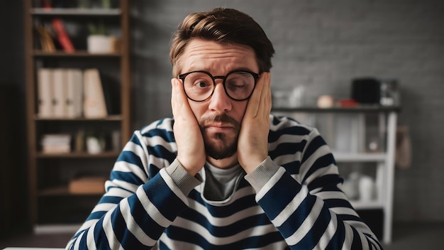 Retrato de un hombre adulto trabajador y cansado con un suéter a rayas y gafas frotando la cara con las palmas de las manos