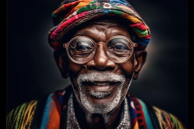 retrato de un hombre africano mayor con gafas y sombrero con una expresión facial amable IA generativa