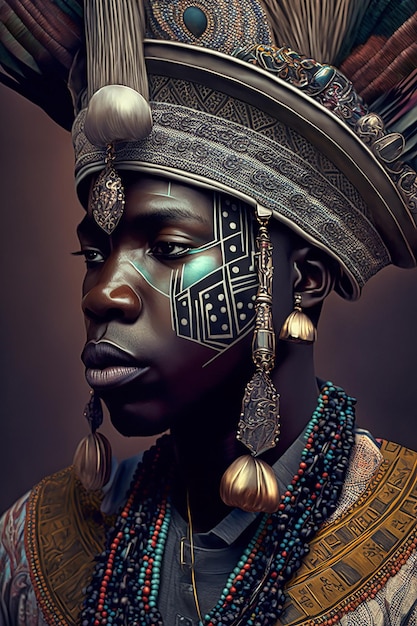 Retrato de un hombre africano que lleva un turbante artesanal tradicional con motivos tribales. IA generativa